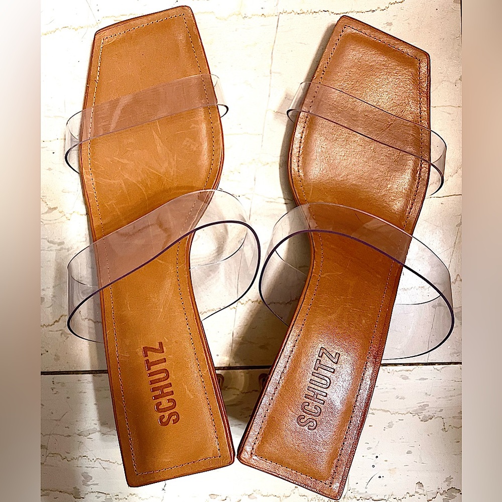 SCHUTZ Ariella Sandals in Curio Brown, Clear Straps, Made in Brazil, Almost New!